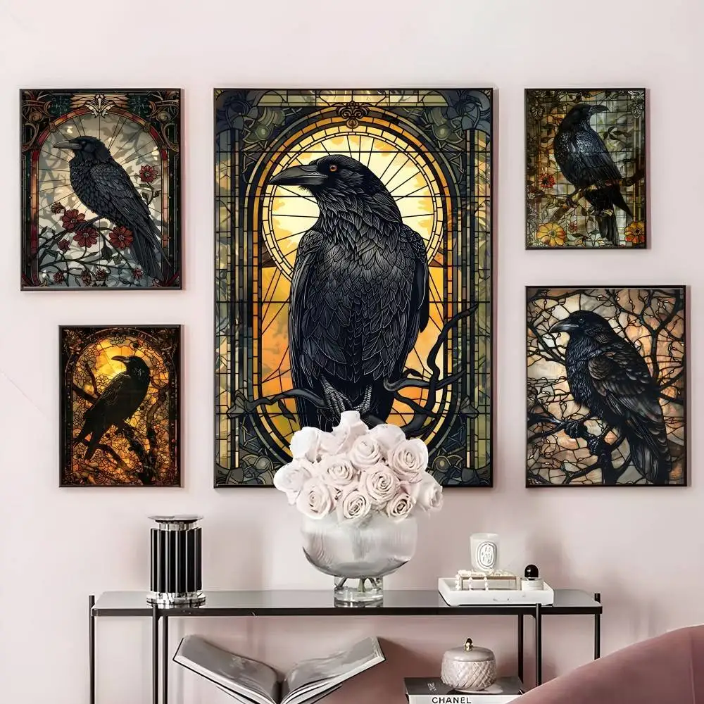 

Medieval Crow Mystical Cool Poster Home Living Bed Room Bar Hallway Sticky Wall Art Printing Waterproof Aesthetic Decor