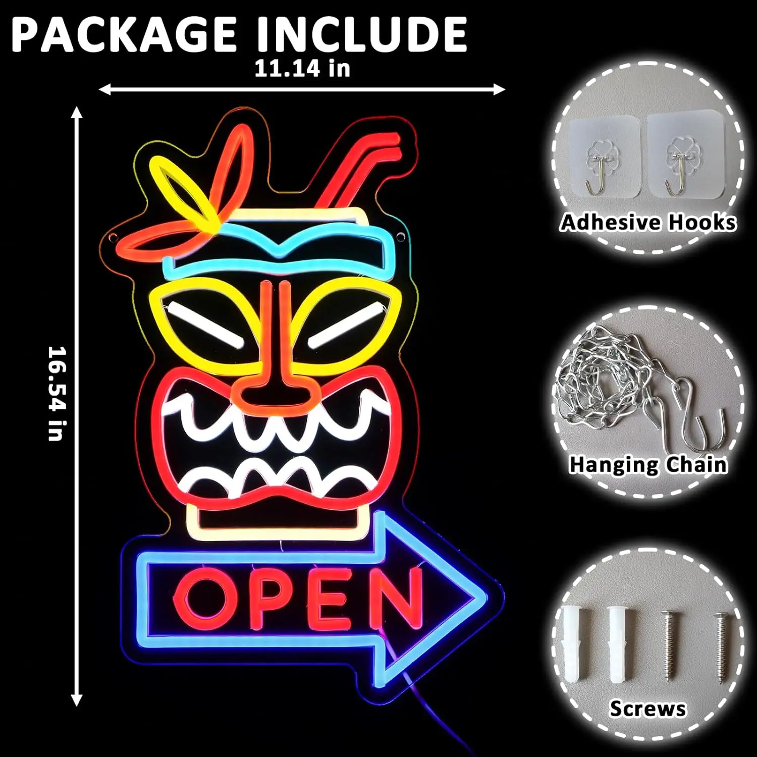 Tiki Bar Open Neon Sign  USB Dimmable LED Neon Light  for Beer Bar Beach Recreation Room Shop Tropical Party Decoration Gift