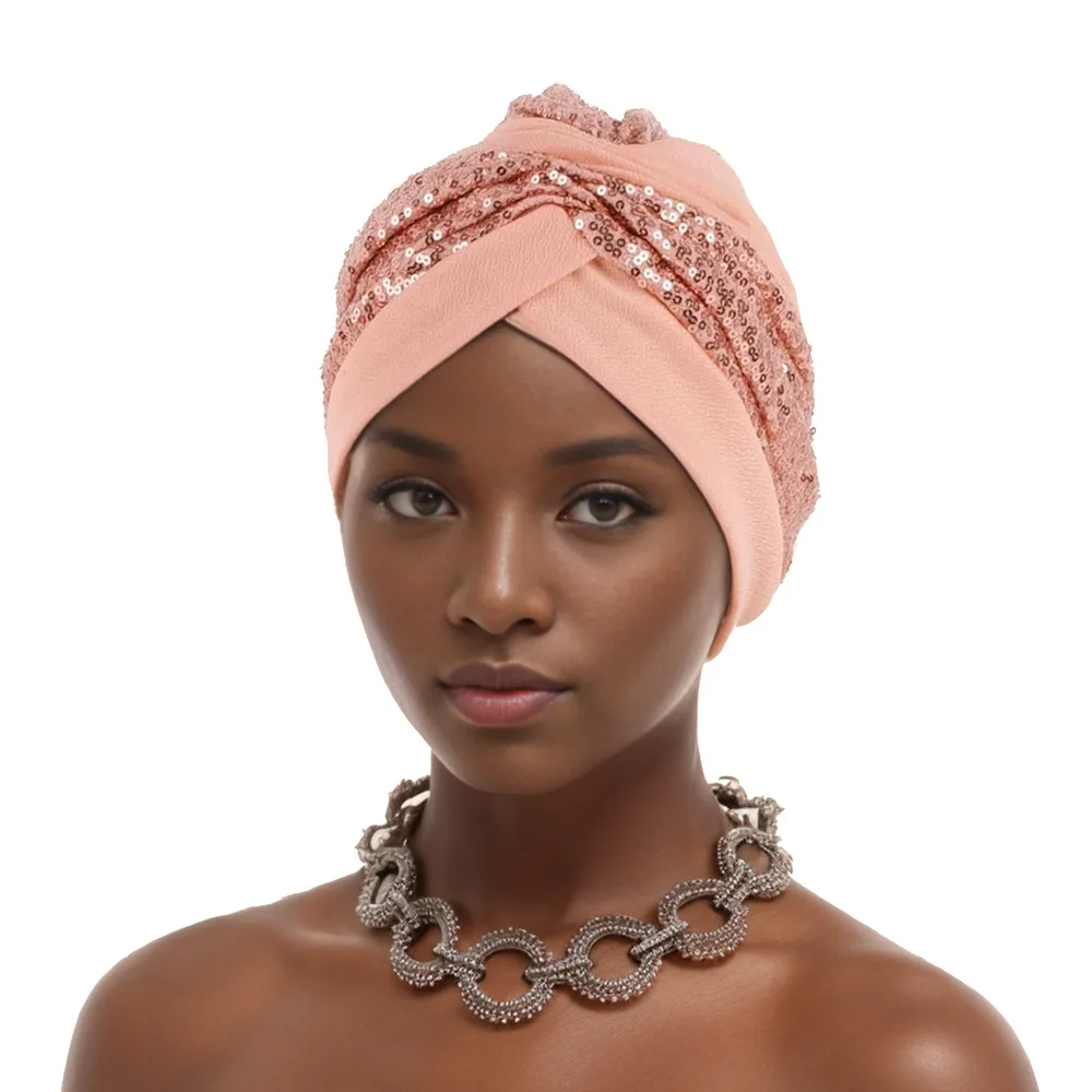 

Indian Muslim Sequins Turban Hat Women Crinkle Hijab Ladies Bandanas Pleated Shimmer Hijabs Bonnet Caps African Headwear Wrap