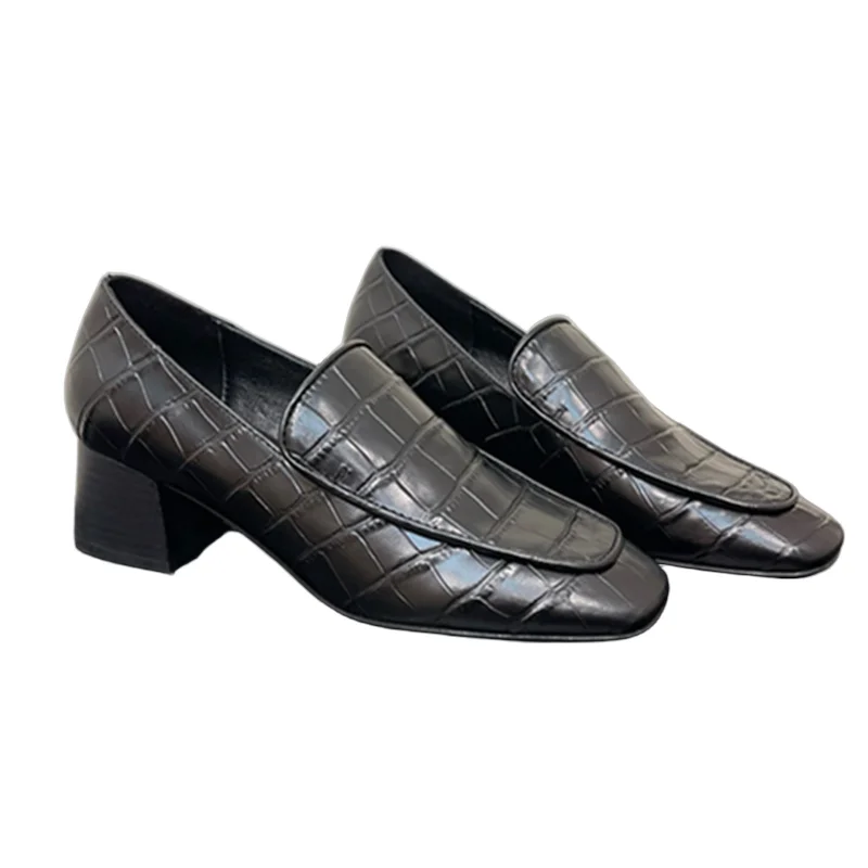 

Withered 2025 Minimalist Texture Cowhide Thick Heel Loafers French Style Thick Heel Square Toe Retro Women's Shoes