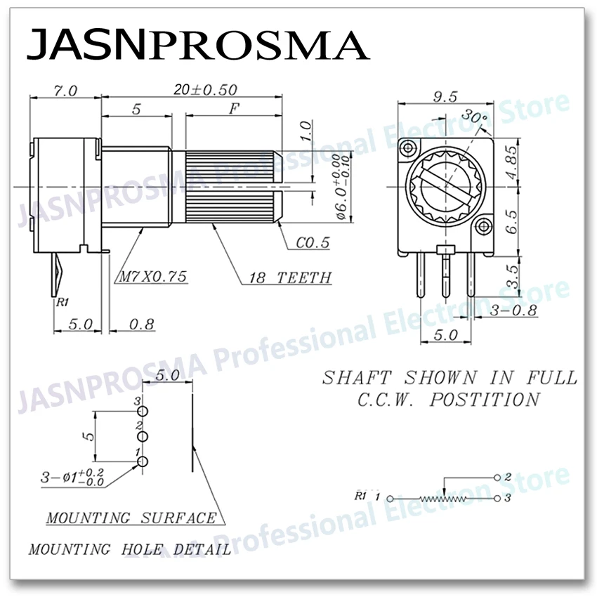 JASNPROSMA RK097N 2000PCS B5K B10K B20K B50K B100K 3PIN 5K 10K 20K 50K potentiometer resistor 20mm Single audio Amplifier Seal