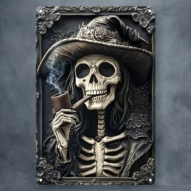 

Skeleton Witch Aluminum Wall Sign, Square Metal Decor for Home, Bar, Kitchen, Versatile Hanging Plaque with Pre-Drilled Holes
