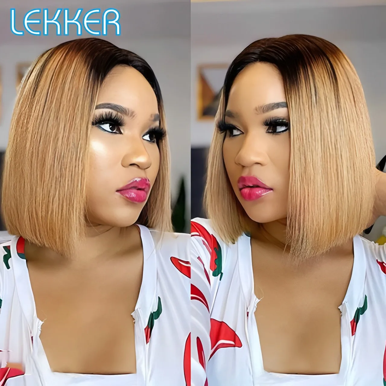 Lekker Ombre Gold Blonde Short Straight Bob 13x1 Lace Front 100% Human Hair Wigs For Women Glueless Brazilian Remy Hair Colored