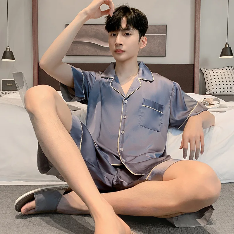 

Мужской летний комплект пижамы из ледяного шелка: футболка с коротким рукавом и прямые брюки-шорты, повседневные, удобные, дышащие