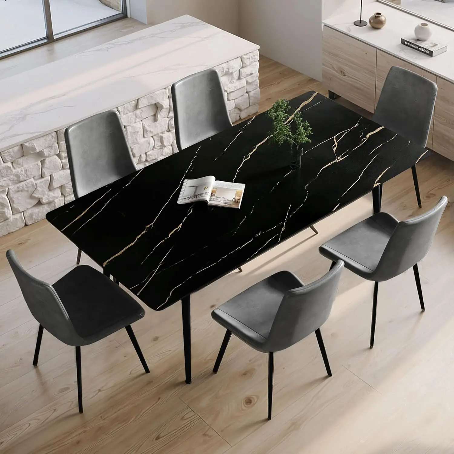 Modern Kitchen Dining Slate Table for 6-8 Seat,Rectangular Dining Black Sintered Stone Table for Home,Kitchen,Living Room,Dining