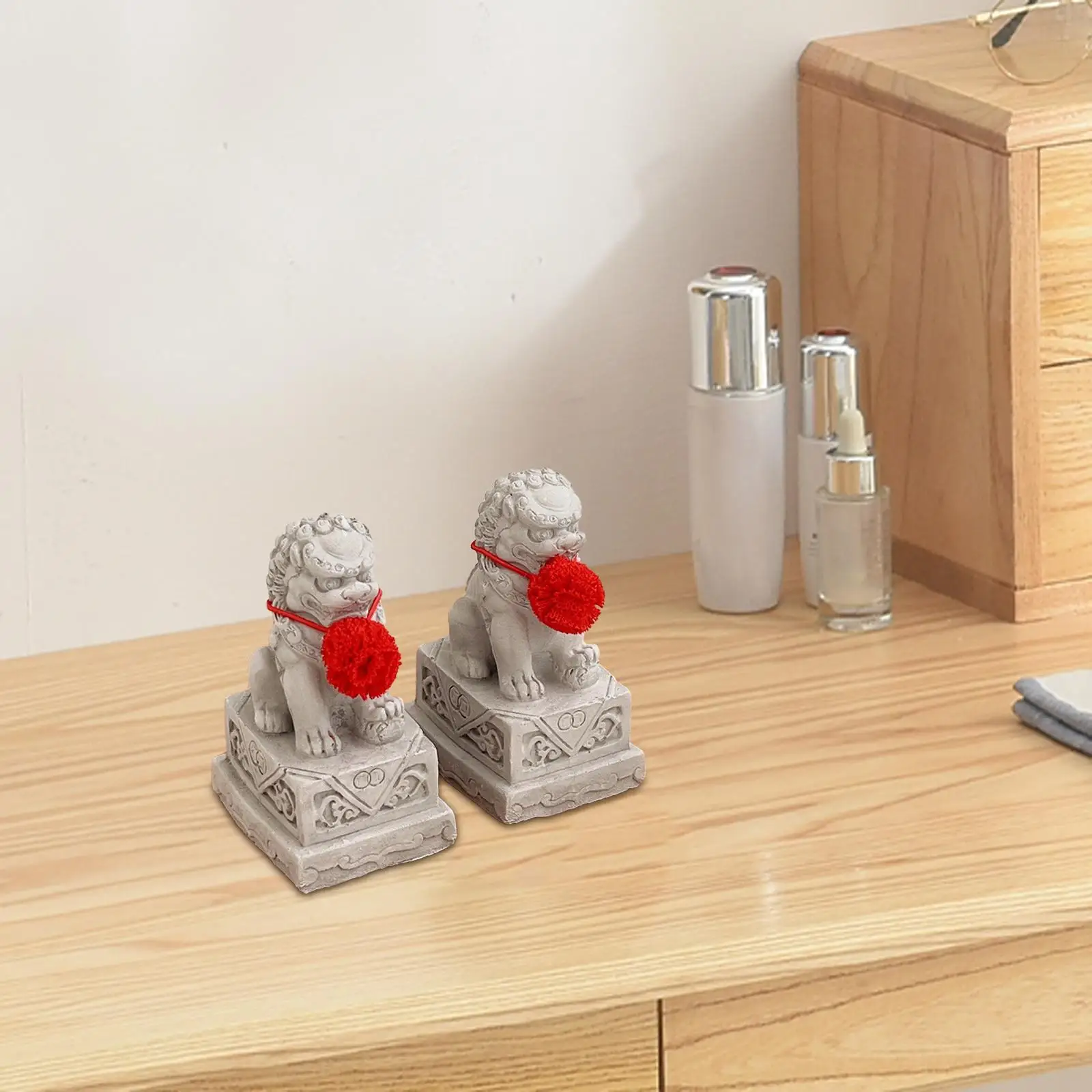 2x Fu Foo Dogs Stone Statues Miniature Stone Lion Statue Chinese Feng Shui Decor for Office Table Bedroom Living Room Shelf