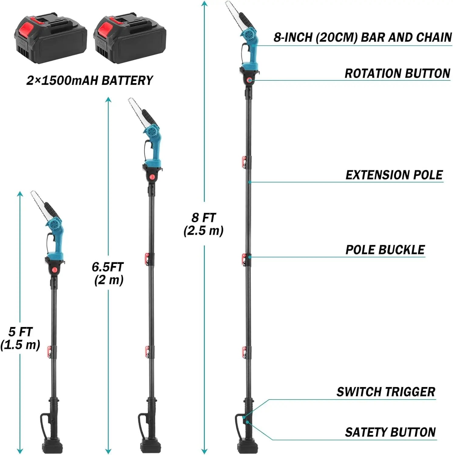 Serras elétricas sem fio iToolMax 2 em 1 para aparar árvores - Motosserra de 8 polegadas com alimentada por bateria e postes de extensão