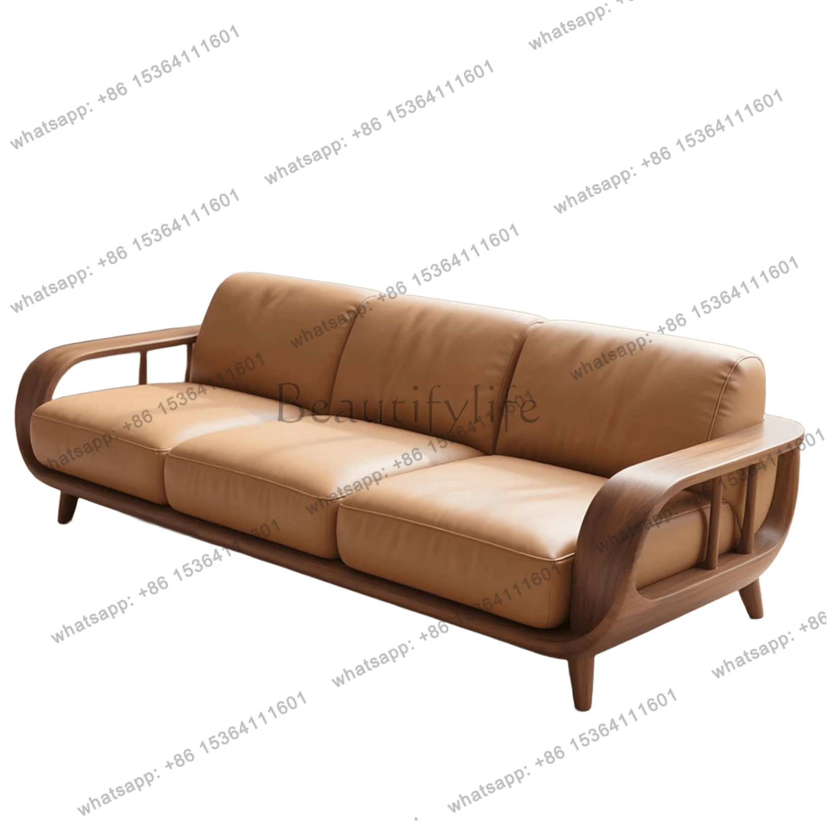

New Chinese-style solid wood straight-row sofa North American black walnut single double triple combination leather fabric sofa