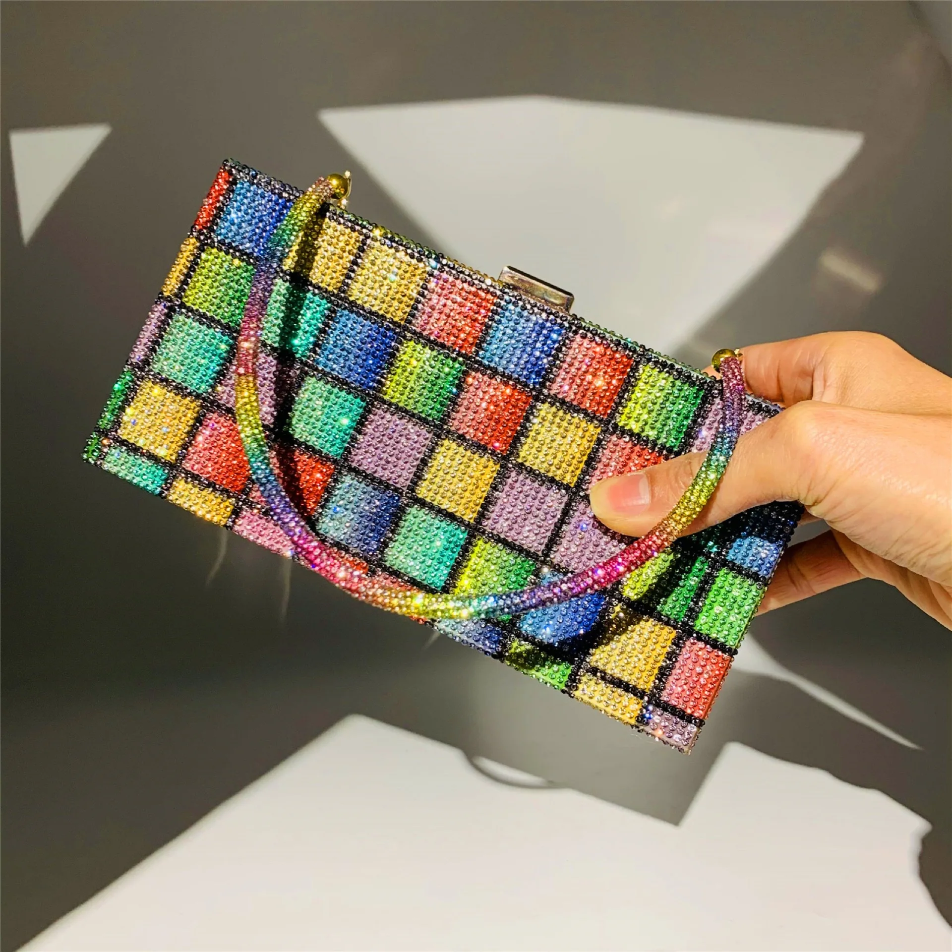 Lawaia Rainbow Dinner Bag Color Block Oblique Line Rainbow Diamond Decoration Rectangle Handbag Evening Dress Accessories