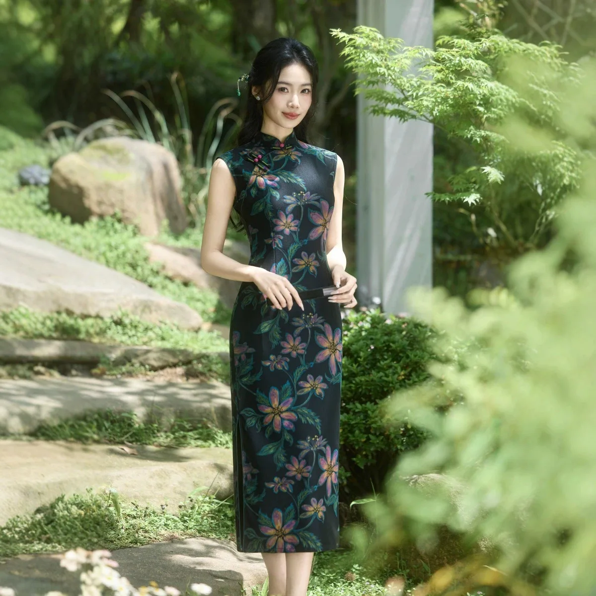 

Women's Long Cheongsam Summer New Cheongsam Retro Long Sleeveless Style Dress Vintage Buckle Vestitos Classic Oriental Clothing
