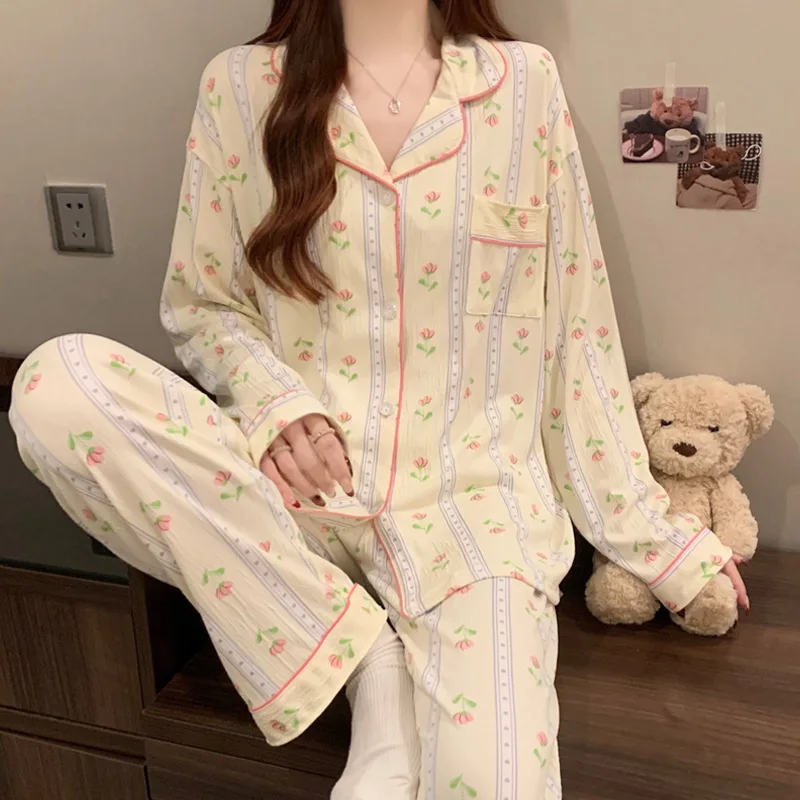 Spring and Autumn New Women's Fresh Flowers Long-Sleeved Pajamas Homewear Suit Girls Casual Pajamas Thin Section Homewear
