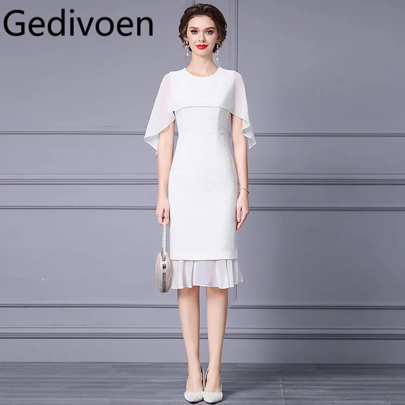 

Gedivoen Summer Fashion Runway Designer Dresses Women's Vintage Solid Color Chiffon Patchwork Sequins Buttock Covering Dresses