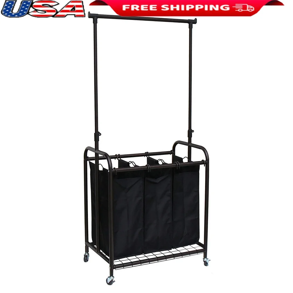 

3-Bag Metal Rolling Laundry Sorter with Adjustable Bar Caster Wheels Removable Bins Durable Storage Solution Home Dorm Apartment