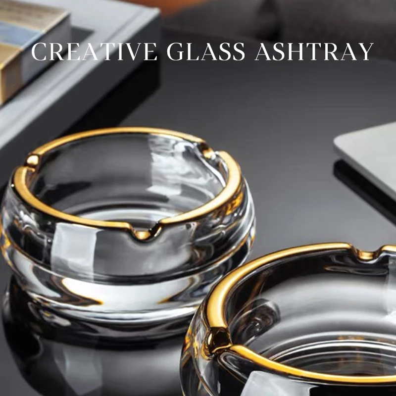 BOXI Glass Ashtray Golden edged circular Design Decorative Ashtray High end light luxury Home Office Desk anti fly ash ashtray