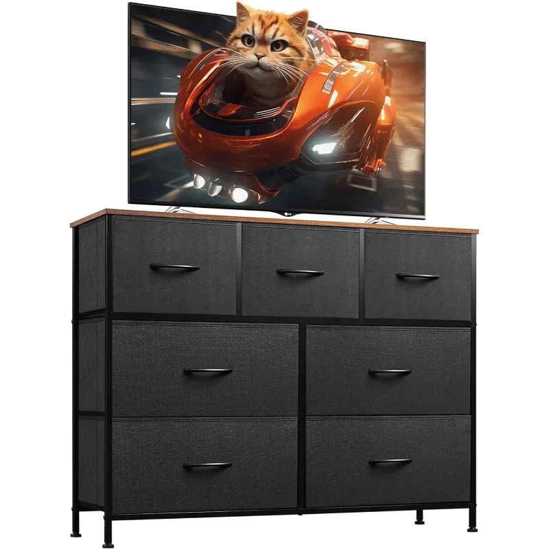 Dresser TV Stand, Entertainment Center with Fabric Drawers, Media Console Table with Metal Frame and Wood Top for TV up to