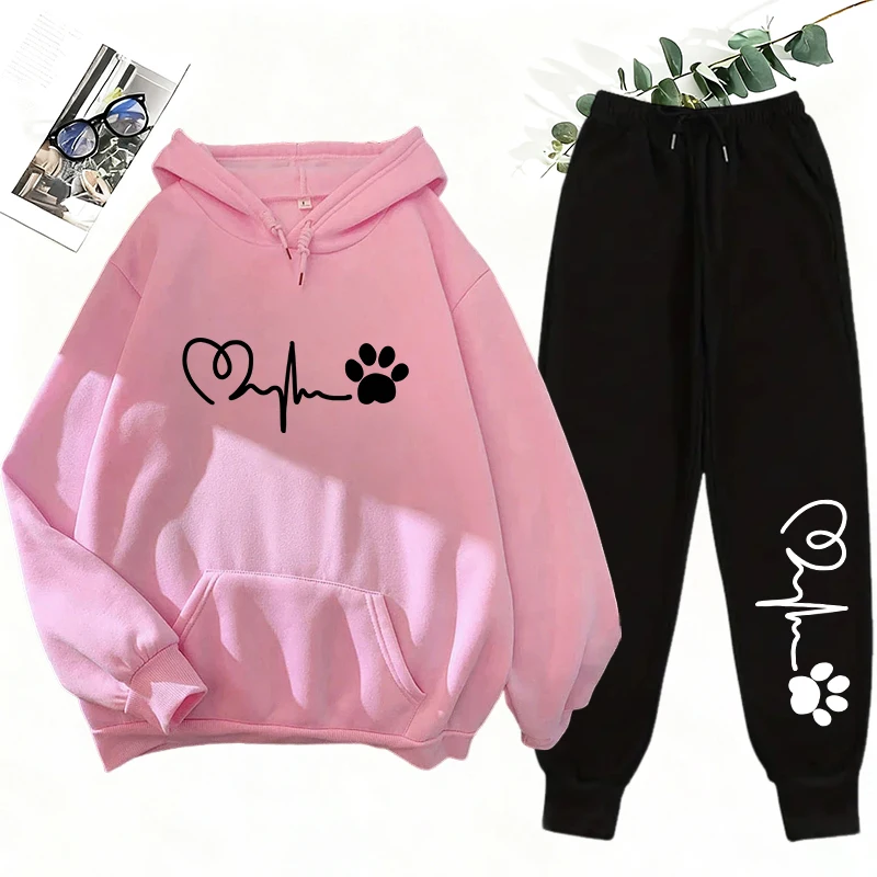 

Женский городской спортивный костюм из двух предметов, милая толстовка с принтом лапы и спортивные штаны, уличная модная повседневная спортивная одежда, осень-зима