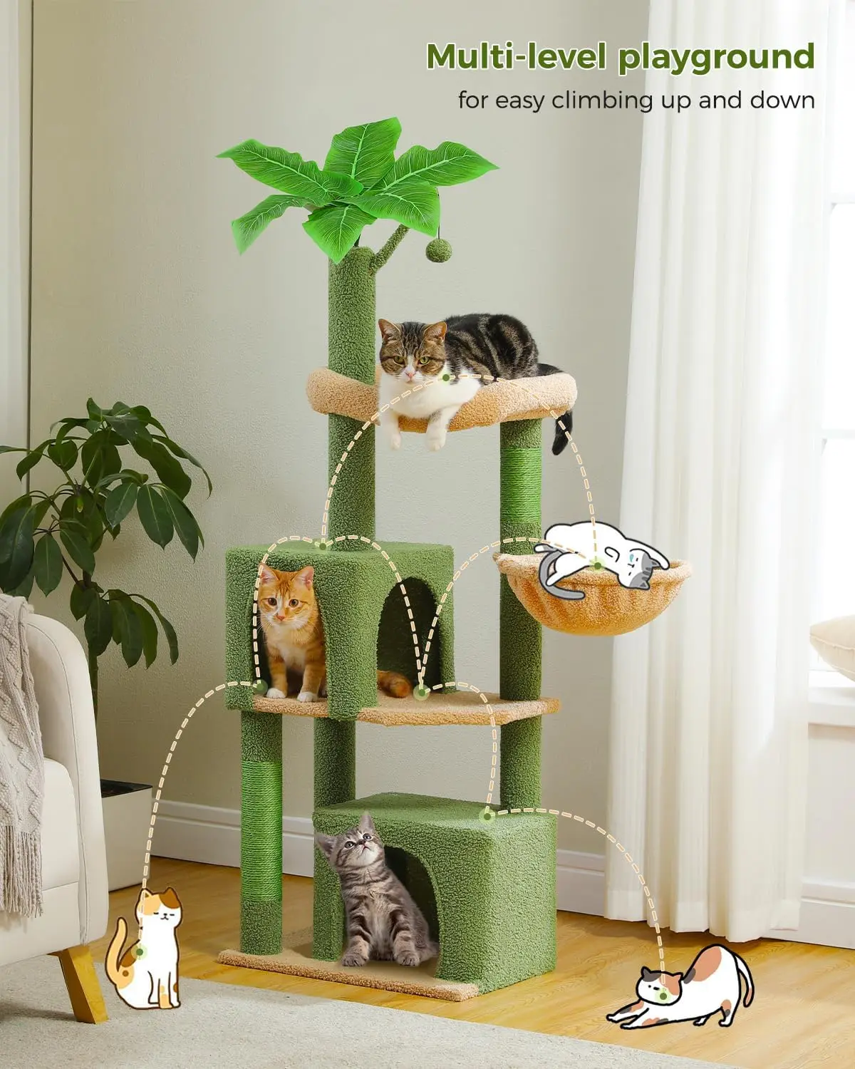 53in Cactus Cat Tree with 2 Cat Condos,Hammock and Removable Pompom Sticks,Cat Tower with Scratching Posts