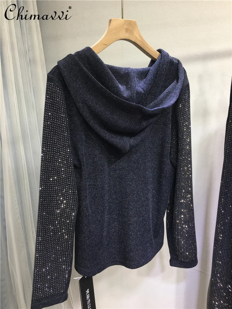 European Heavy Rhinestone Pants Set Autumn Ashion Full Rhinestone Zipper Long Sleeve Hooded Top Long Pants Women's Two-Piece Set