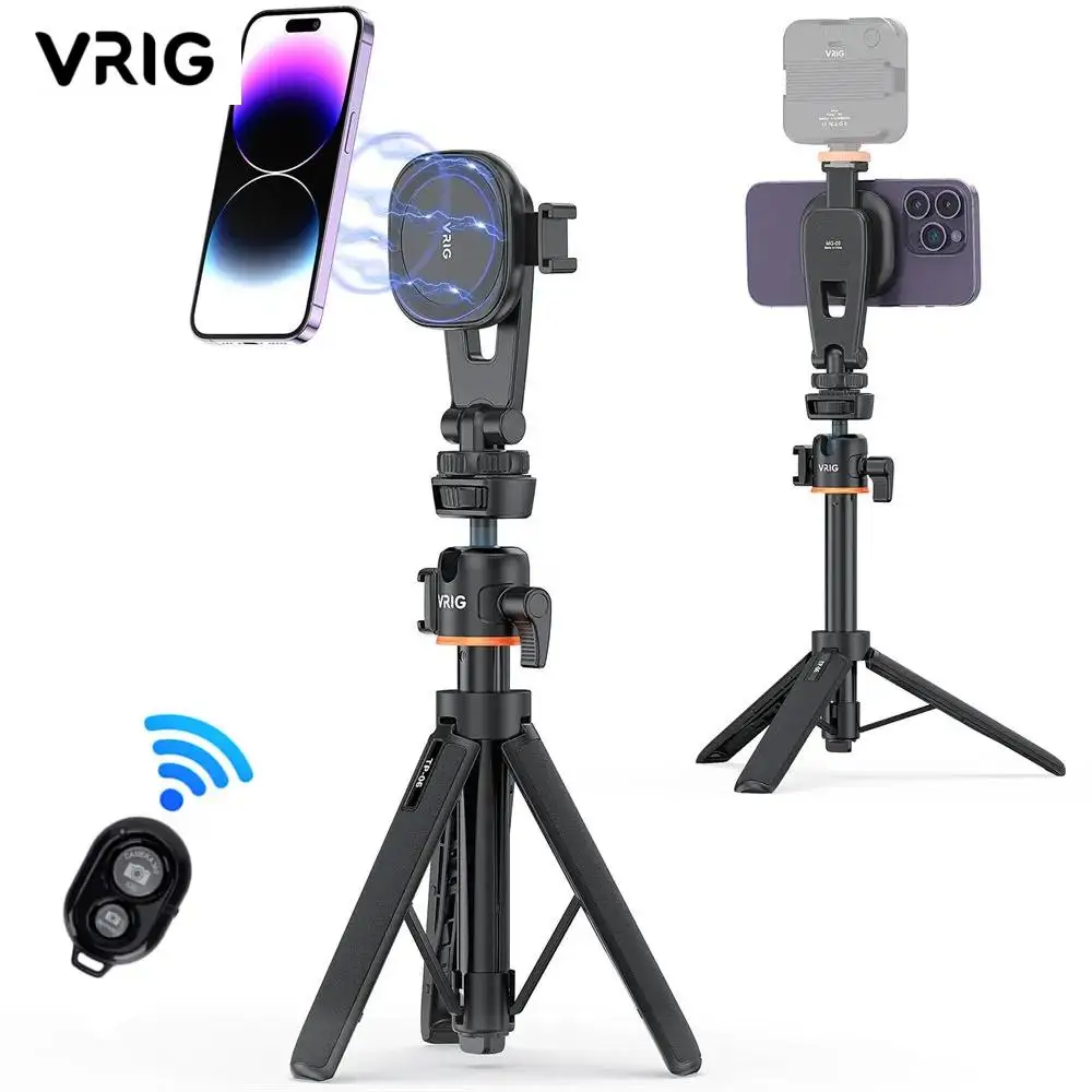 

VRIG Magnetic Tripod 21.6" Extend Magnetic Selfie Stick Tripod Stand with Cold Shoe for MagSafe iPhone 15 14 13 12 & All Phones