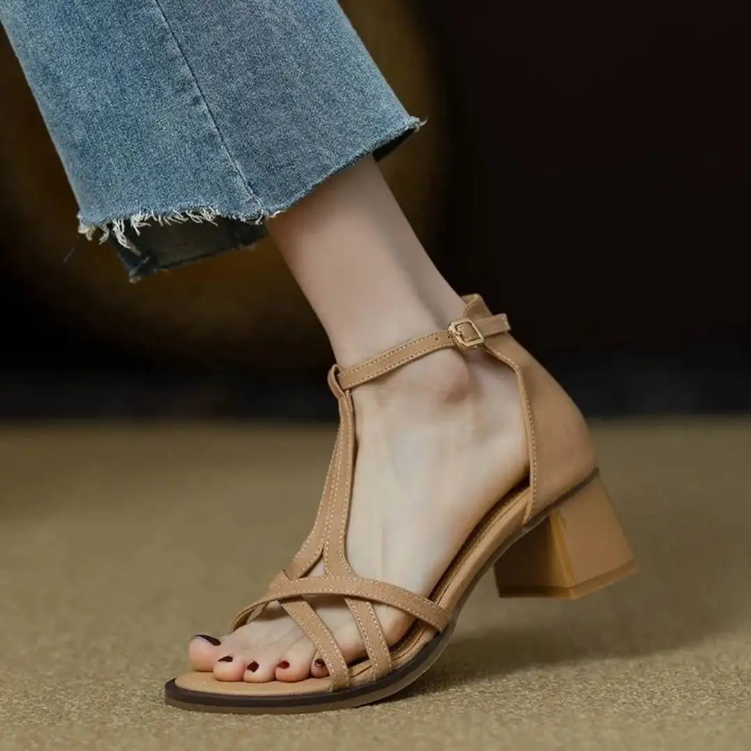 2025 Summer High Heel Sandals Women's Mid Heel Cross Strap Open Toe Sandals Soft Leather British Style Chunky Heels image 3