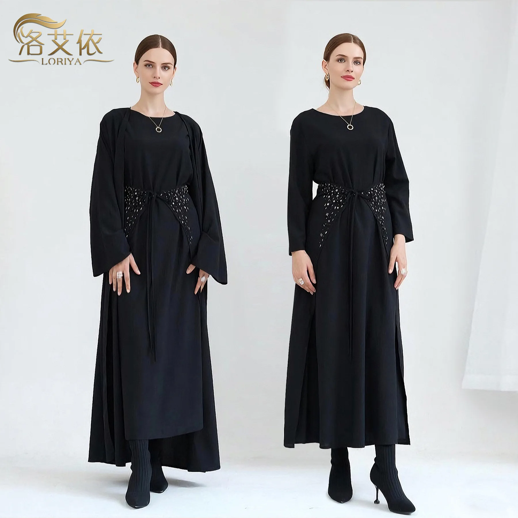 Ensemble 3 pièces pour femmes, noir, élégant, décontracté, tendance, Cardigans, robes intérieures, mi-enveloppement, vêtements féminins, moyen-orient, musulman, nouvelle mode