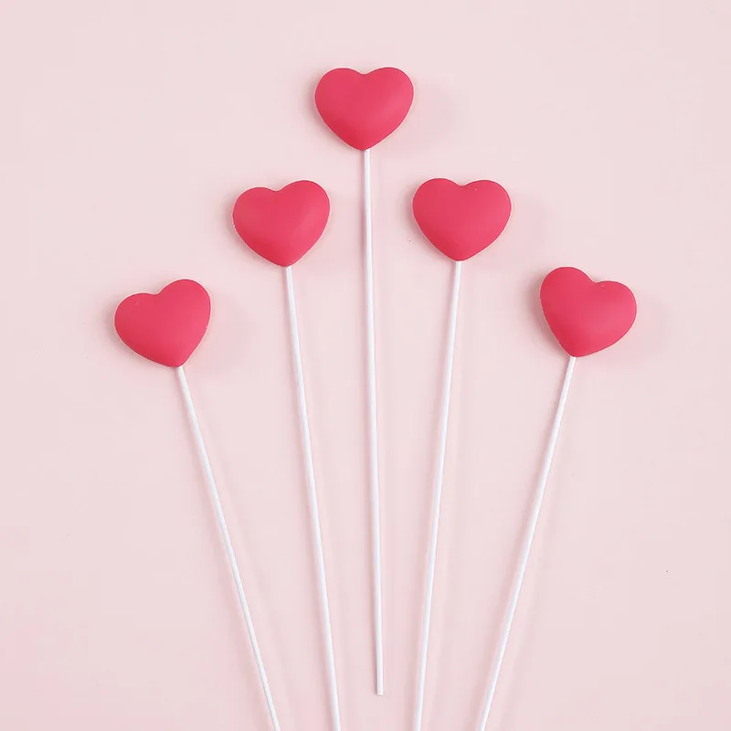 5pcs Cake Decorations Plastic Red Pink Heart Happy Birthday Cake Topper for Happy Valentine`s Day Dessert Cupcake Decor Toppers