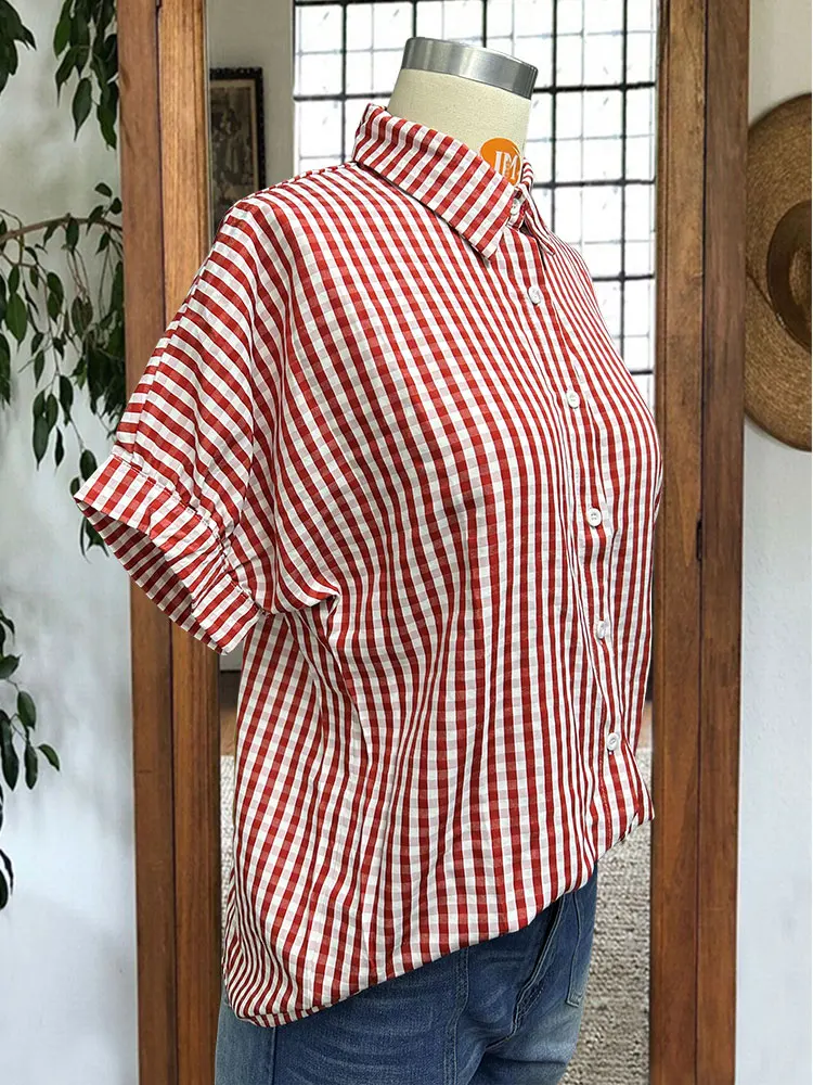 Check Dolman Sleeve Top  Red Linen Drop shoulder Balloon sleeves Blouse Shirt Jacket Boxy Notched Lapel Collar Shirts