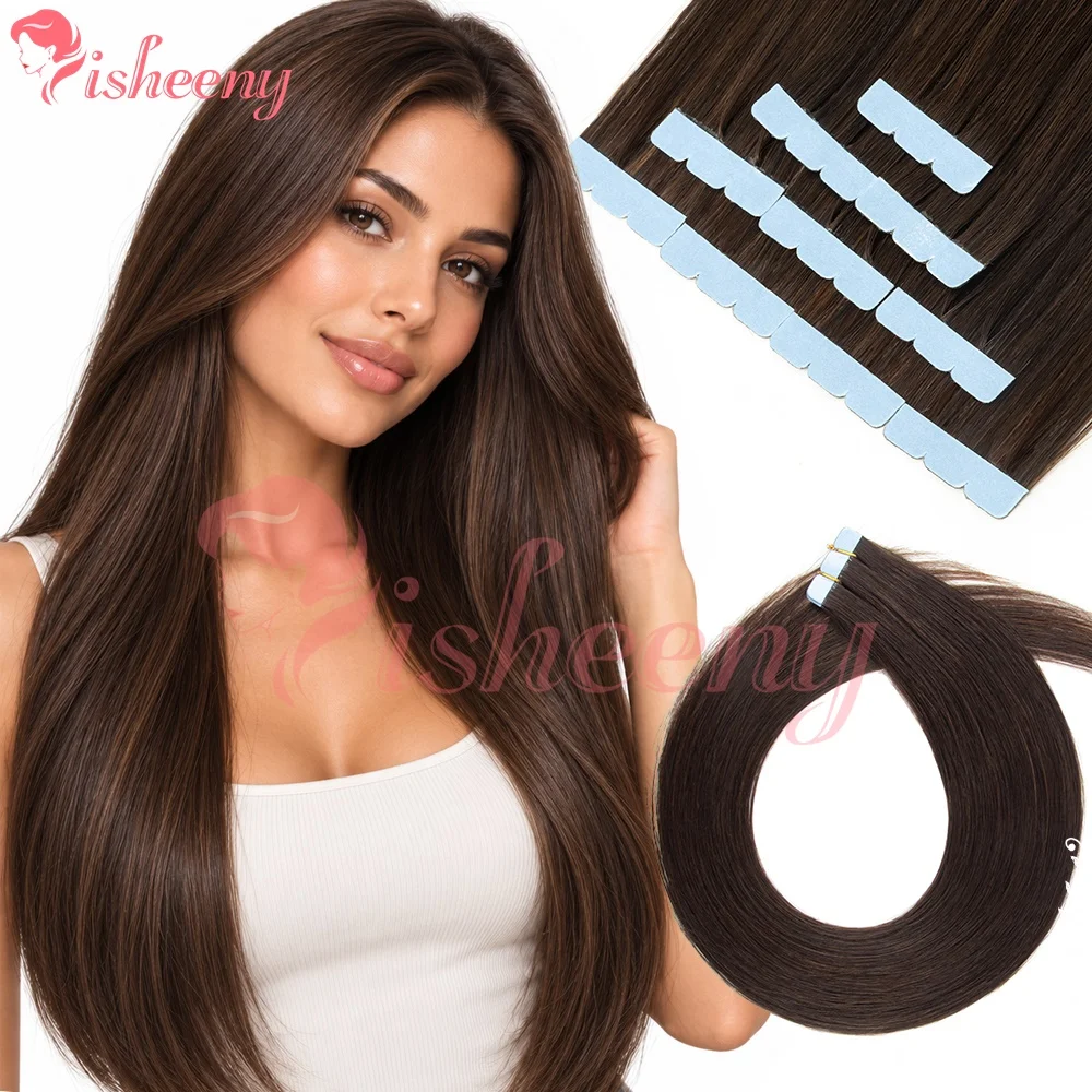 Isheeny Real Human Hair Mini Tape In Extensions Straight Dark Tone Collection Ultra Thin Flat Tabs No Bulge Natural Blend Reusable For Ladies Daily Hairstyle