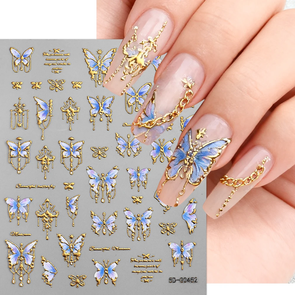 1Pc Gold Pink Blue Butterfly 5D Nail Sticker Bronzing Hollow Metallic Butterfly Bow Adhesive Slider Flower Grass Nail Art Decals