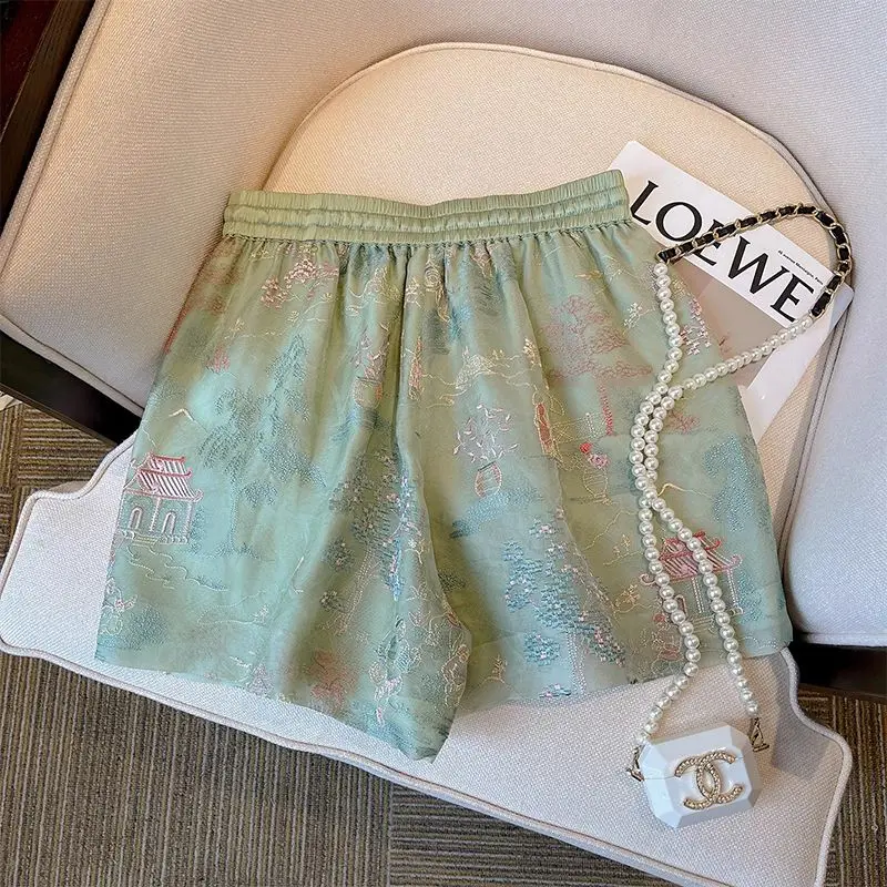 New Chinese Style Green Temperament Retro Embroidery Loose Women's Summer Mesh Jacquard Casual Shorts