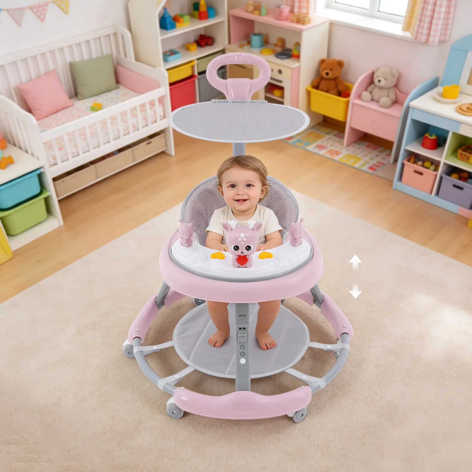 Rosa Faltbarer Verstellbarer Komfortabler Babywalker mit Sonnenschutz und 6 Universalrädern, für Babys im Alter von 6-18 Monaten