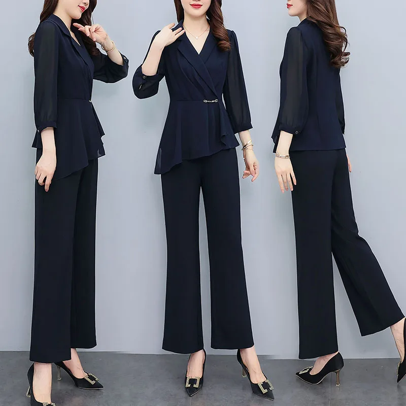 Women Spring Autumn Oversize Pants Sets Office Lady 2 Pieces Outfits Fashion Turn Collar Irregular Hem Top Female Pantsuits