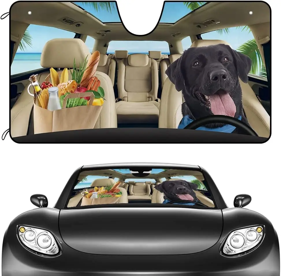 

CafeTime Dogs Car Windshield Sunshade Funny Black Labrador in The Beach Vegetable Vehicle Front Windshield Sun Shade Visor UV Ra