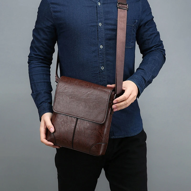 Men\'S Crossbody Bag PU Leather Shoulder Side Cross Sling Messenger Satchel Commuting Square Casual Porter Bag Male Husband