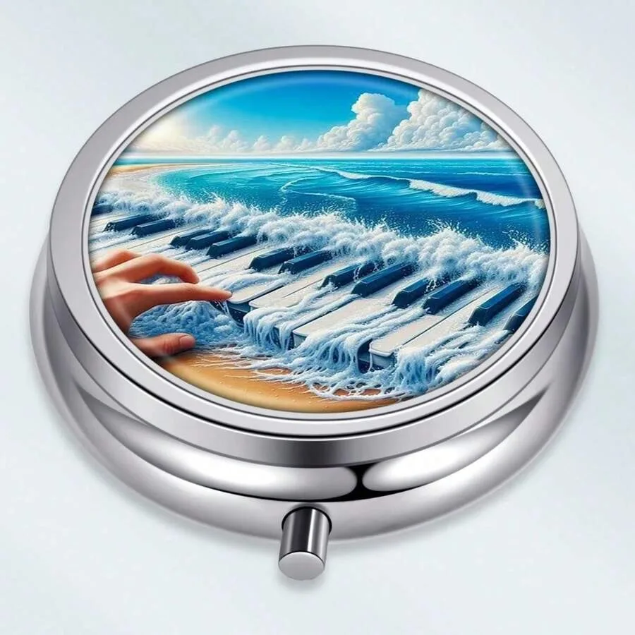 1pc Surge Piano Keys Hand-Painted Decorative Illustration Pattern Round 3-Compartment Pill Box - Portable Medicine And Vitamin Organizer, Ideal For Carrying Or Travel, Unique Pocket-Sized Gift, Wallet Pill Case