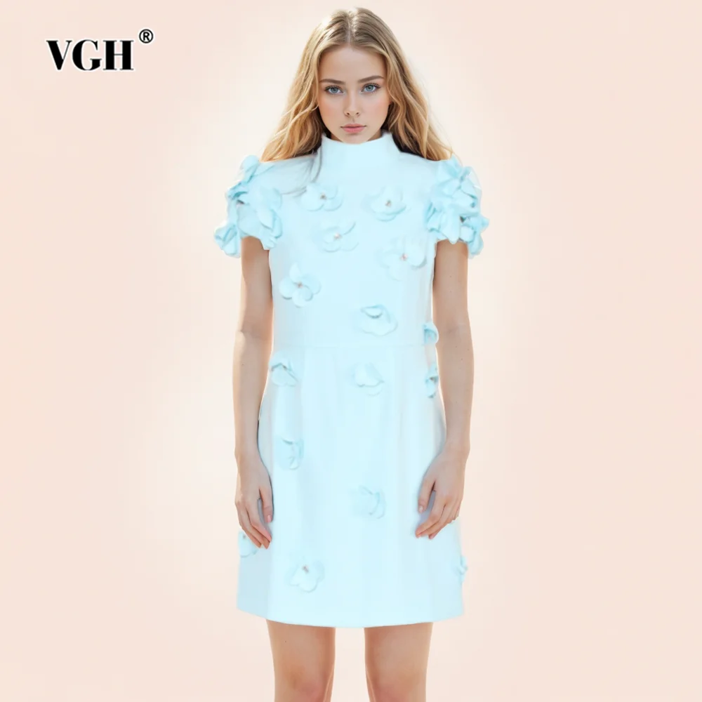 

VGH Solid Patchwork Appliques Temperament Dress For Women Stand Collar Short Sleeve High Waist Elegant Short Dresses Female New