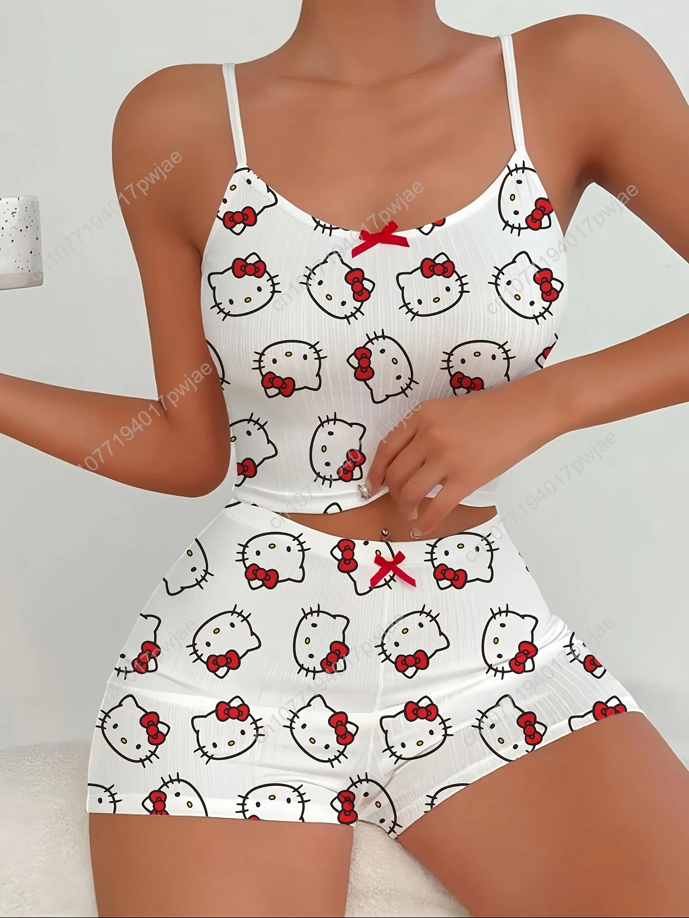 

Sanrio 2pcs Adorable Hello Kitty Casual Print Red Bow Adornment Charming Relaxed Loungewear Strappy Nightdress with Shorts Set S