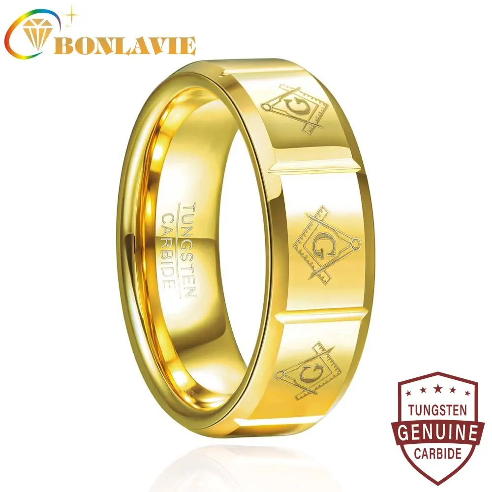 BONLAVIE 8mm Electric Gold Laser Masonic Pattern Gold Color Tungsten Carbide Ring Men's Fashion Wedding Jewelry Size 7-12