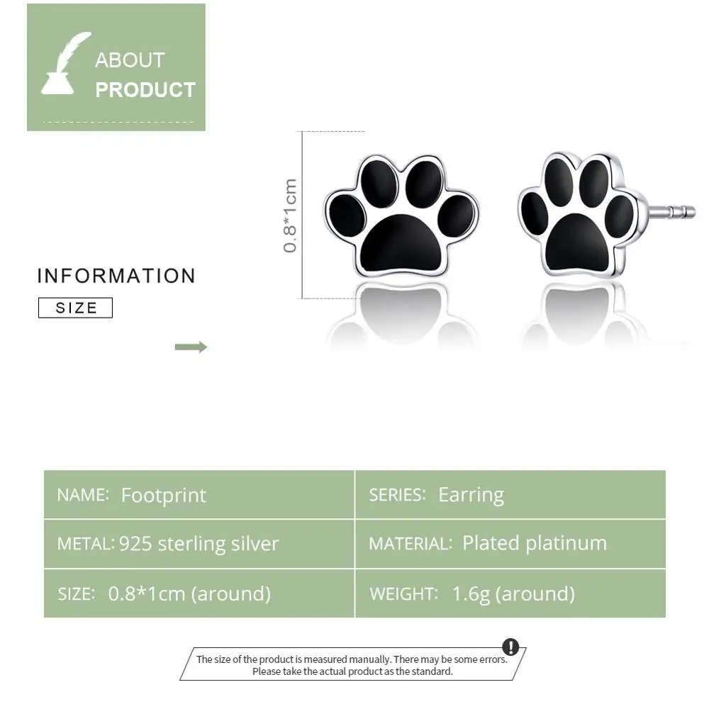 WOSTU Paw Dog Footprint Black Stud Earrings 925 Sterling Silver For Women Silver 925 Jewelry Small Earrings FIE757