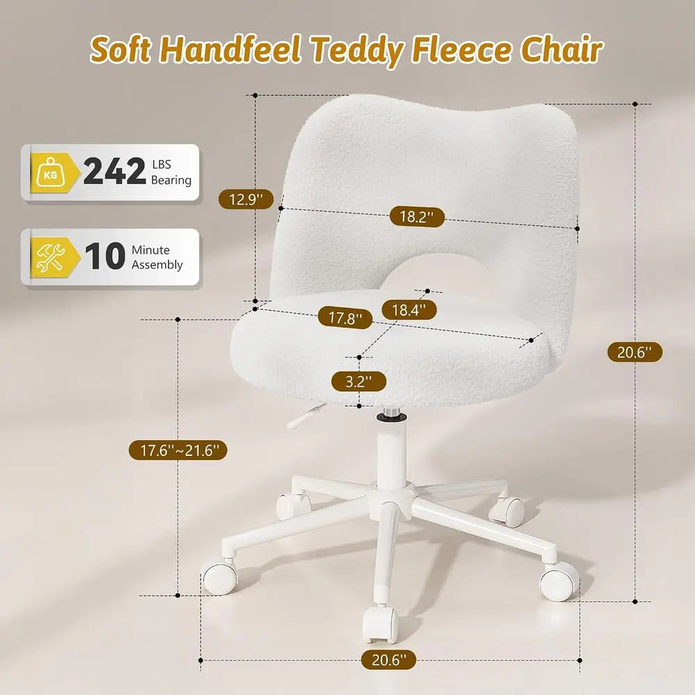 Vanity Chair with Open Back & Wheels, luy Teddy abric,Arml, Height Adjustable,300lbs or Makeup Room, Bedroom,Cream - view 2