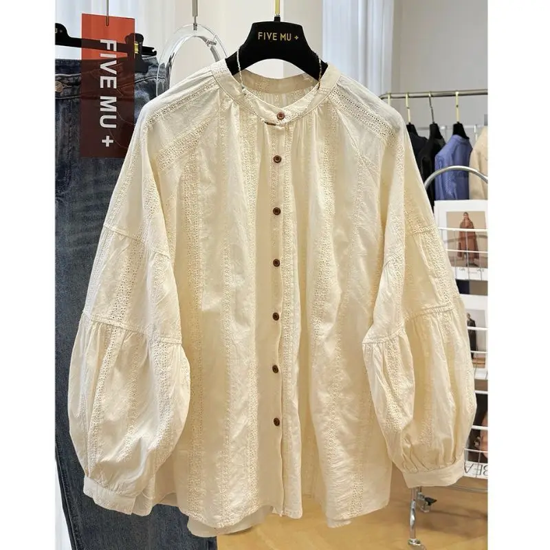 Women's Beige Long-sleeve Casual Shirt Crochet Cutout Single-breasted Babydoll Top Niche Harajuku Preppy Office Commuter Clothes