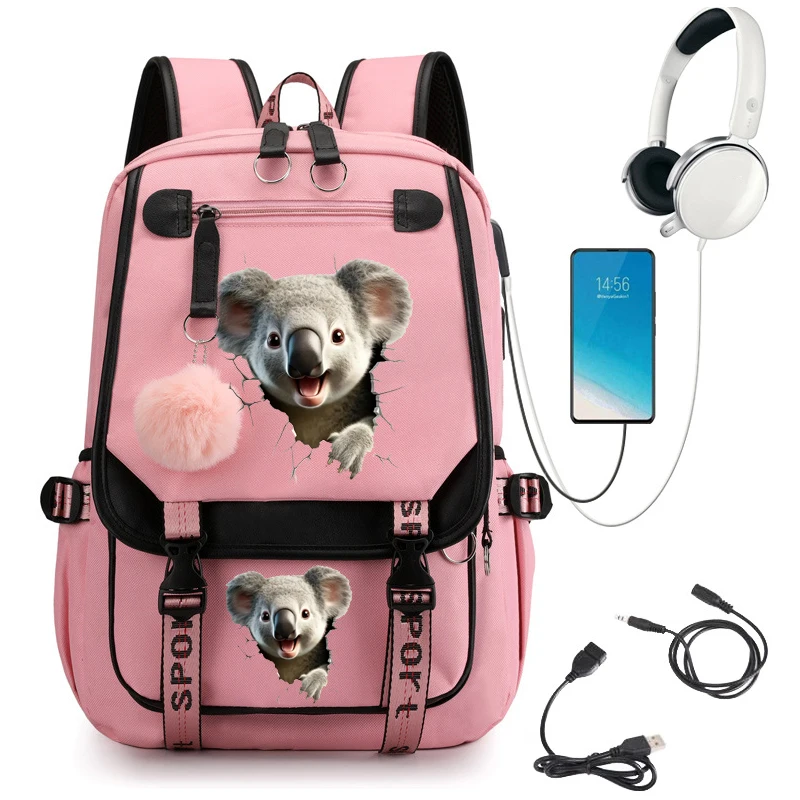 Mochila escolar con estampado de Koala, Bolsa Escolar de dibujos animados para estudiantes y adolescentes, bolsa de libros Usb, bolsa de Anime para portátil, bolsas para adolescentes