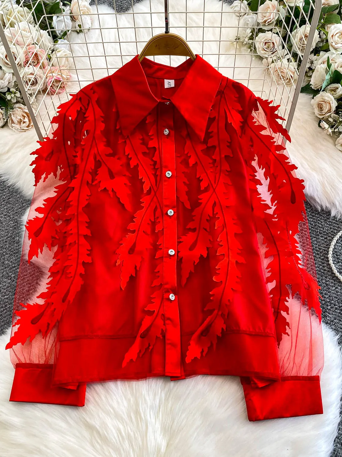 Ele diamant embelli ample femmes irt doux Sle Long Sve col rabat Design haut en filet pour l'automne hiver