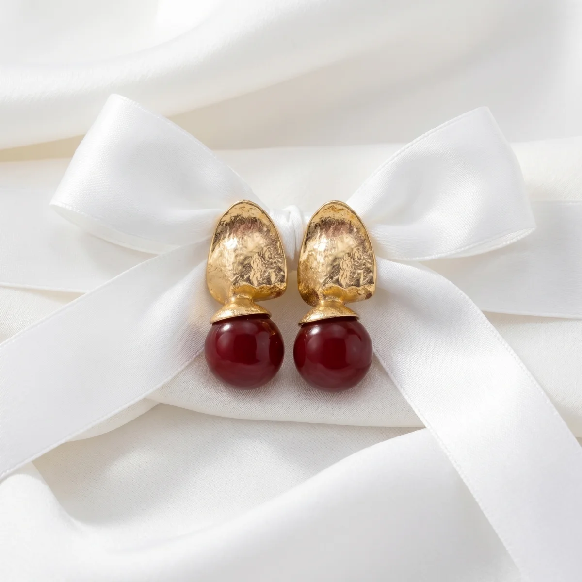 Vintage Hammered Gold Color Red Bead Drop Earrings Burgundy Stone Dangle Earrings For Daily Office & Casual Wear