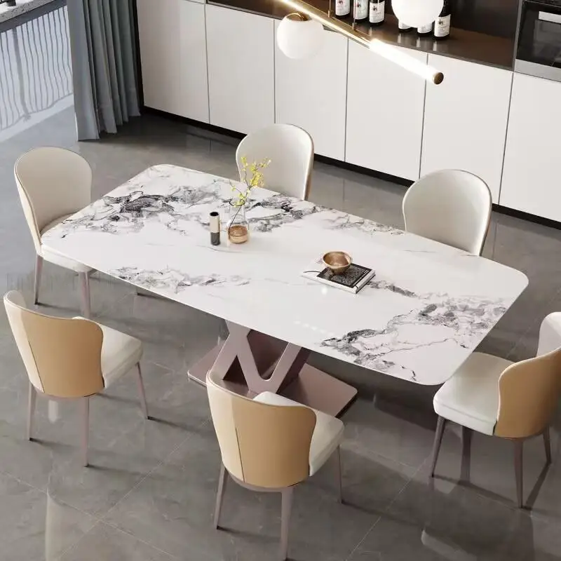 Kitchen Fashionable Dining Table Rectangle Rock Slab Tabletop Steel Frame Purple Marble Dining Table 6 People Mesa Furniture