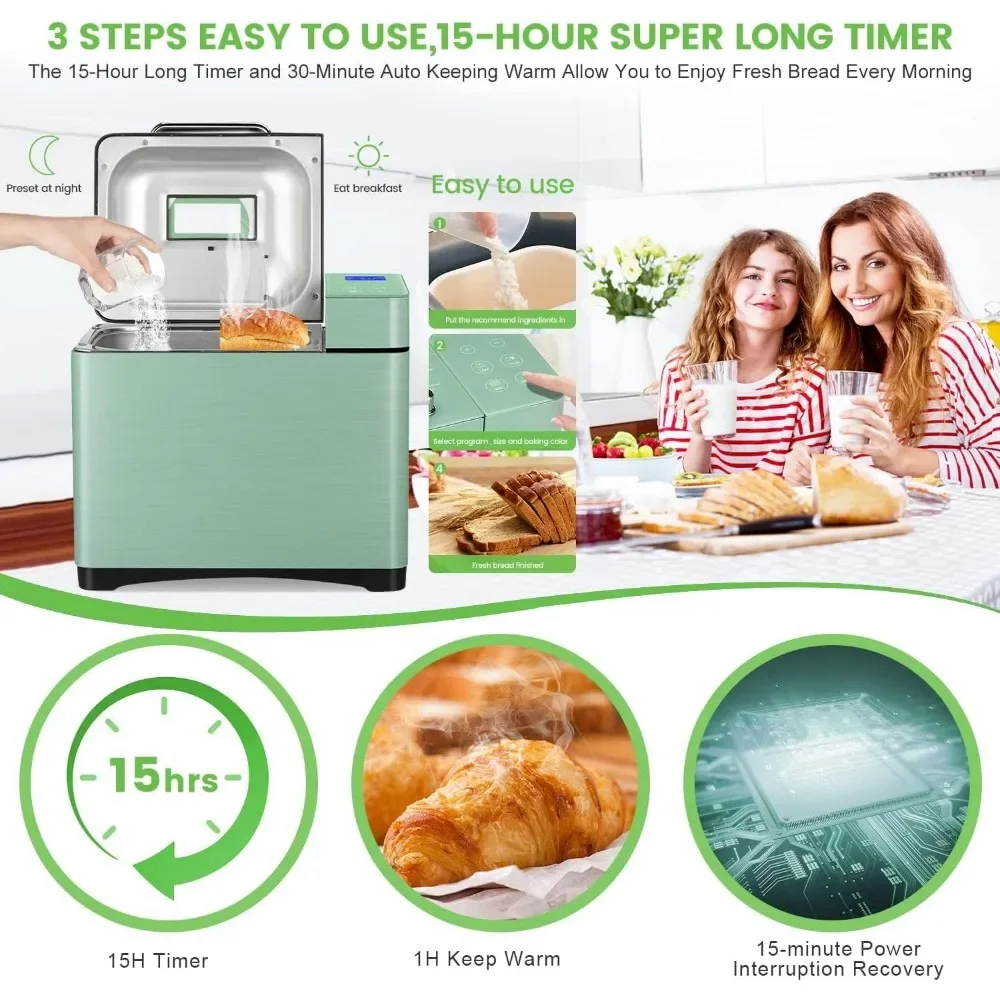 Bread Maker, 2.2LB, 17-in-1 Breadmaker , Pizza Auto Nut Dispenser,Ceramic Pan, 3 Loaf Sizes 3 Crust Colors,15H Timer,Recipes