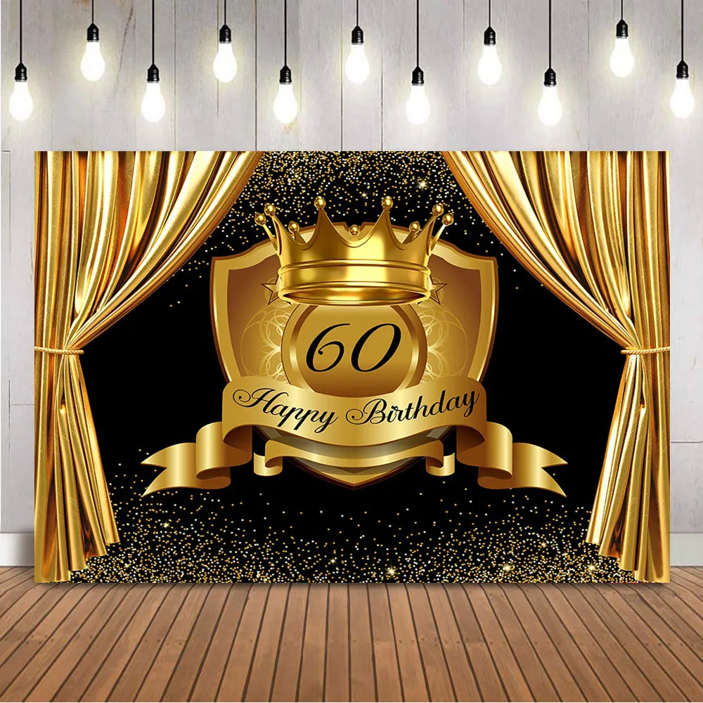 

Happy 60th Birthday Background Royal Crown Gold Curtain Photo Backdrop Studio Photocall Sixty Birthday Party Decoration Props