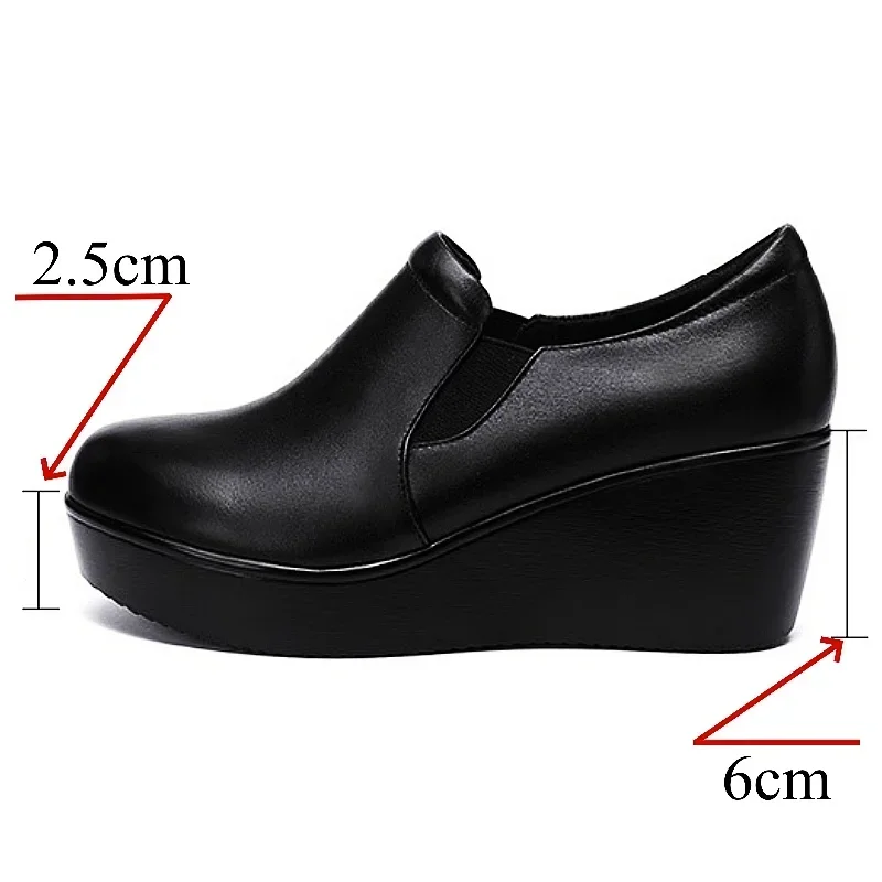 6cm Small Size 32-43 Comfortable Med Heels Platform Wedges Shoes 2024 Spring Deep Mouth Soft Leather Loafers Slip on Mom Shoes