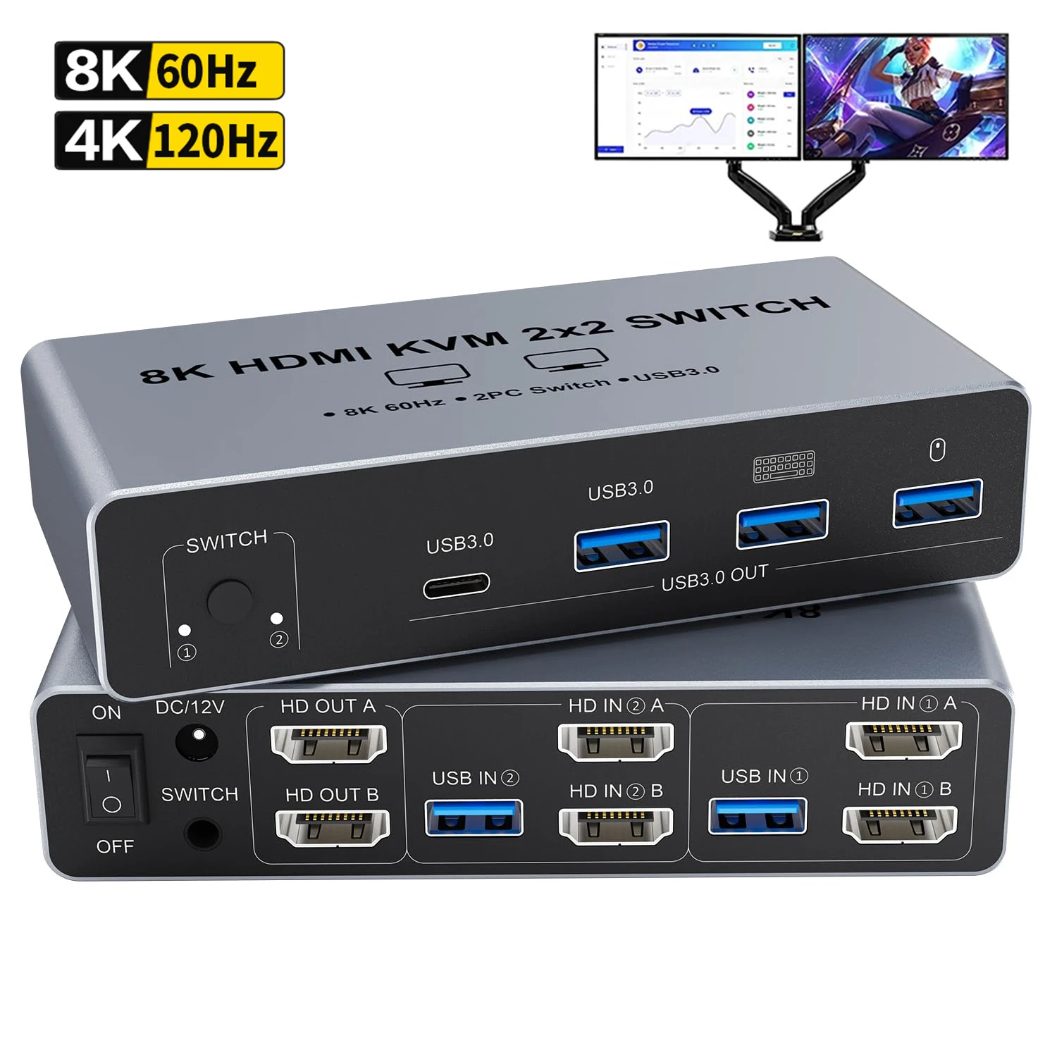 

8K@60Hz HDMI 2.1 KVM Switch 2x2 Dual Monitor DP+HDMI USB3.0 KVM Switcher with Desktop Controller for 2 PC Share Keyboard Mouse