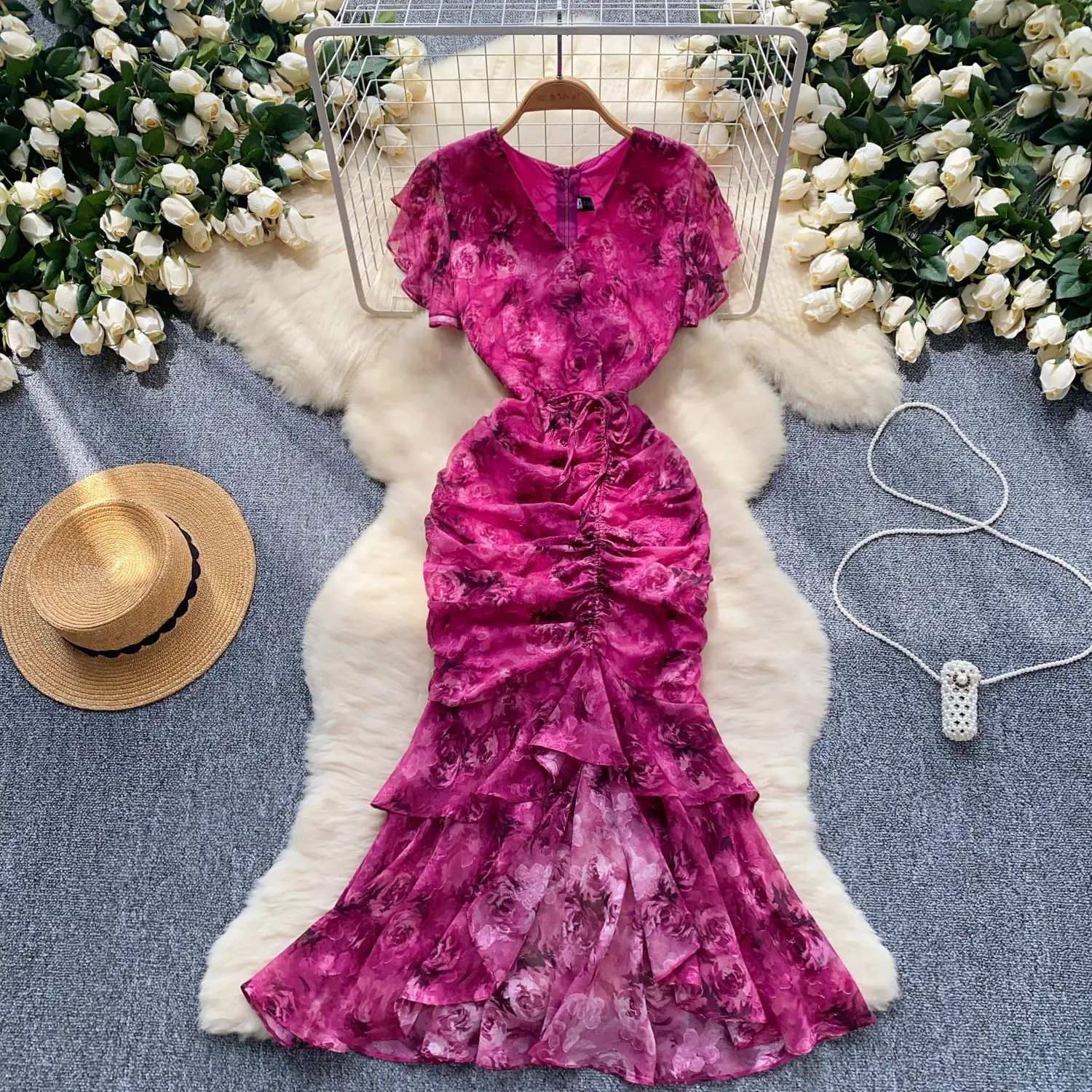 

Dress Women Long Dresses Print Floral Vestidos Streetwear V Neck Short Sleeve Elegant Splice Y2k Party Club High Waist 2025